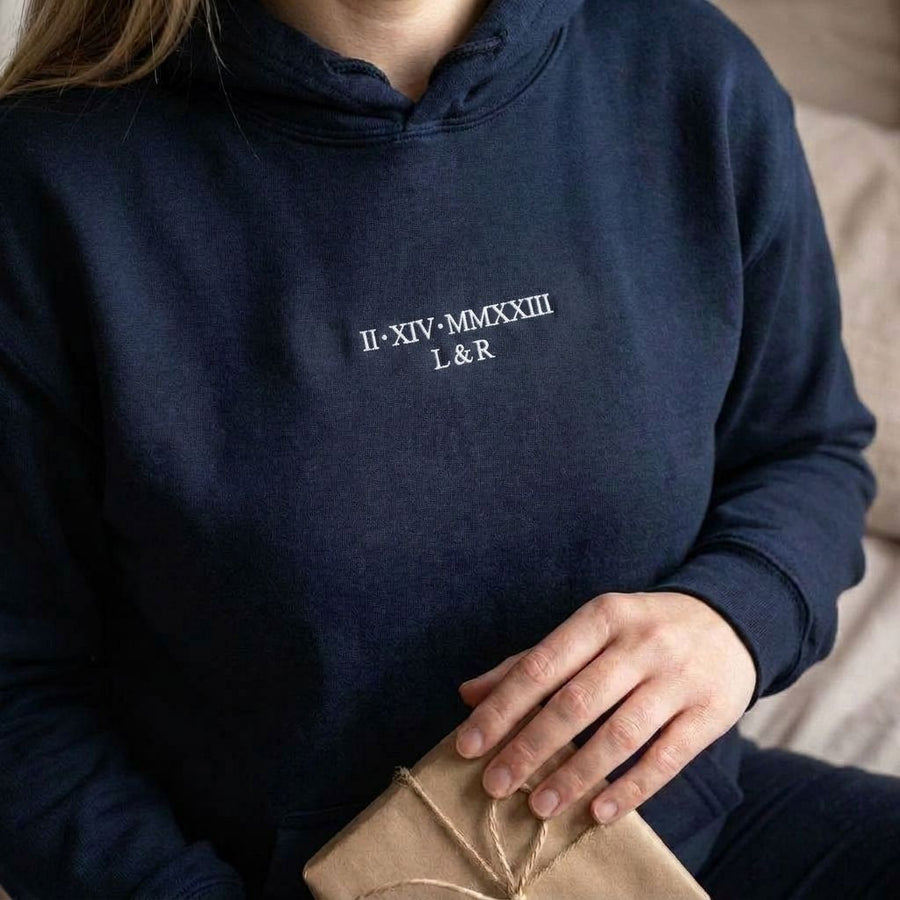 Navy Roman numeral hoodie with II XIV MMXXIII and L & R embroidered in white thread