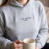 Sport grey Roman numeral hoodie with V XXI MMXVIII and C & B embroidered in navy thread