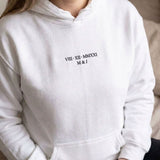 White Roman numeral hoodie with VIII XII MMXXI and M & J embroidered in black thread