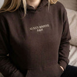 Dark chocolate Roman numeral hoodie with XI XXX MMXVII and R & H embroidered in cream thread