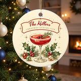 Personalized Christmas Cocktail Club ornament with a name on the banner, hanging on a lit Christmas tree