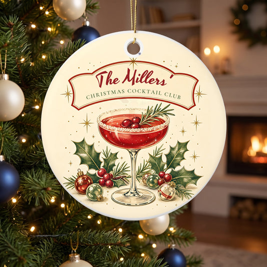 Personalized Christmas Cocktail Club ornament with a name on the banner, hanging on a lit Christmas tree