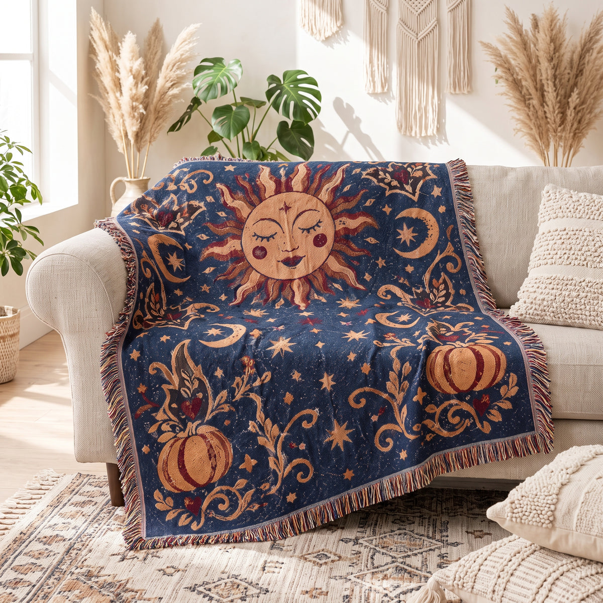 Cosmic Overcommitment sun and moon woven blanket draped over a linen sofa in a boho living room