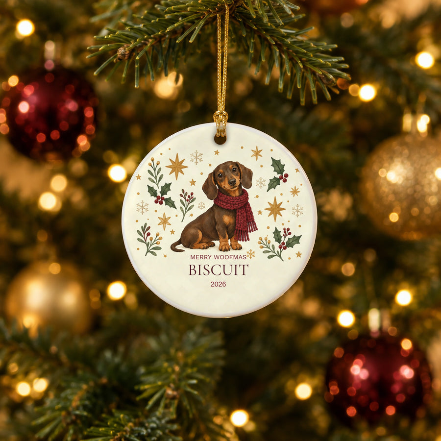 Personalized Dachshund Christmas Ornament, Merry Woofmas Dog Name Ornament