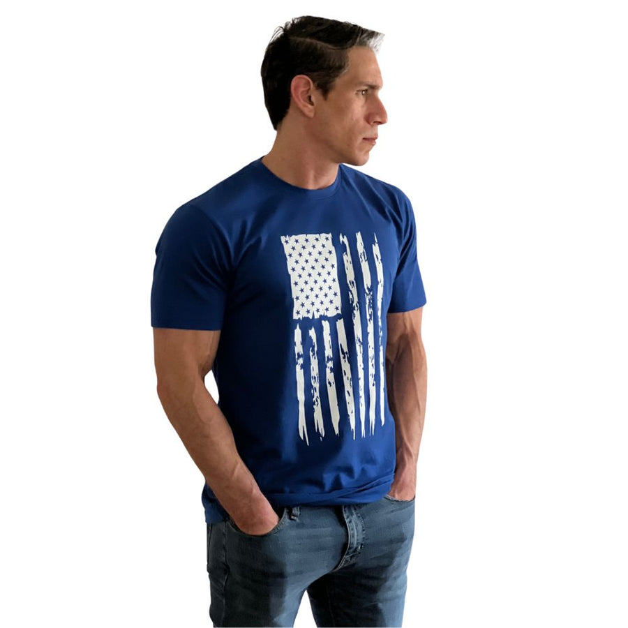 Man wearing the distressed USA flag tee in royal blue, three quarter view