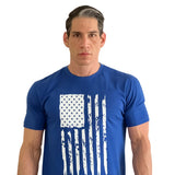 Man wearing the distressed USA flag tee in royal blue, front view