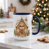 Personalized gingerbread house mug with navy handle