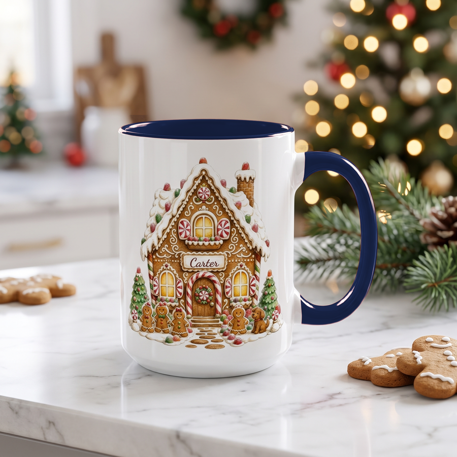 Personalized gingerbread house mug with navy handle