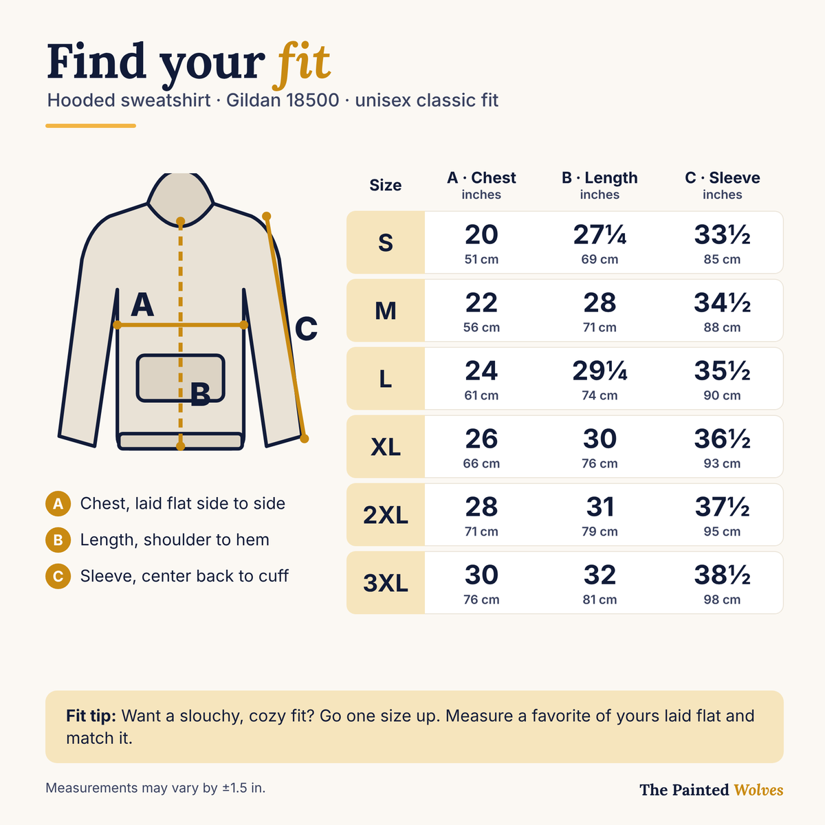 Gildan 18500 size chart, S to 3XL