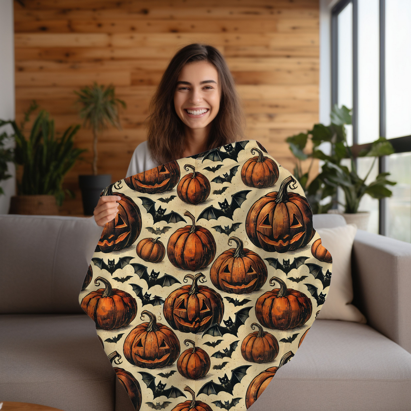 Pumpkin and Bat Blanket - Halloween Fleece Throw for Spooky Snuggles