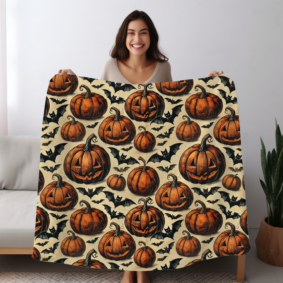 Woman holding the pumpkin and bat blanket wide so the full Halloween print is visible