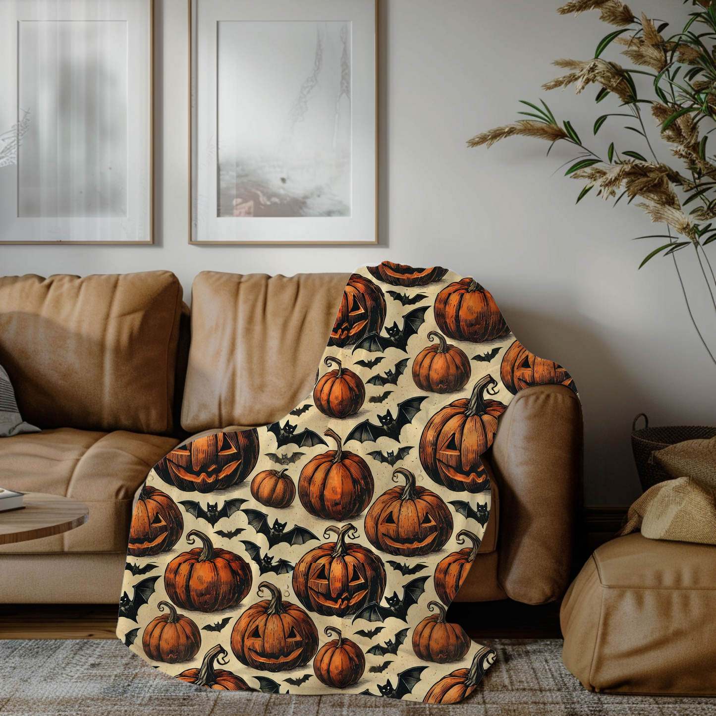 Pumpkin and Bat Blanket - Halloween Fleece Throw for Spooky Snuggles