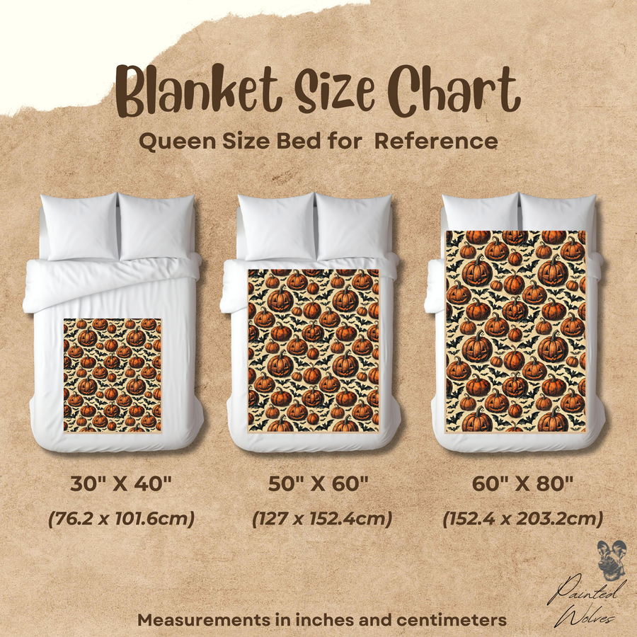 Size chart for the pumpkin and bat Halloween blanket, 30x40, 50x60 and 60x80 inch against a queen bed