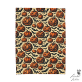 Pumpkin and bat Halloween fleece blanket shown flat on white, full vintage pumpkin repeat