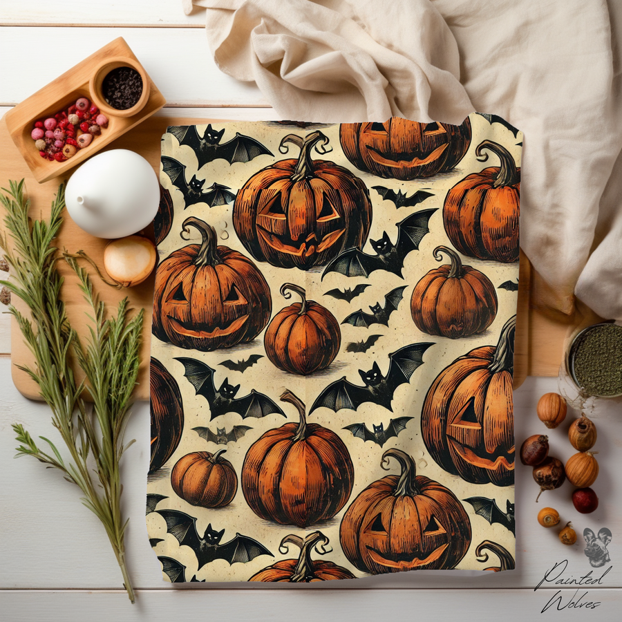 Close view of the pumpkin and bat fleece on a table with herbs, showing the plush pile