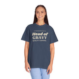 Woman wearing the Midnight Head of Gravy Quality Control tee, front view