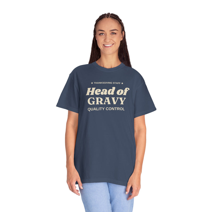 Woman wearing the Midnight Head of Gravy Quality Control tee, front view