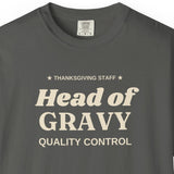 Close-up of the cream Head of Gravy Quality Control print on a Pepper Comfort Colors tee