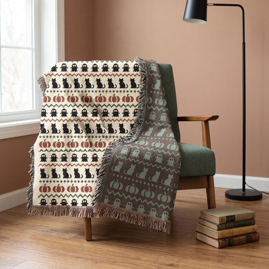 Haunted Heirloom Fair Isle woven blanket draped over a sage green armchair beside a terracotta cushion in a bright neutral room
