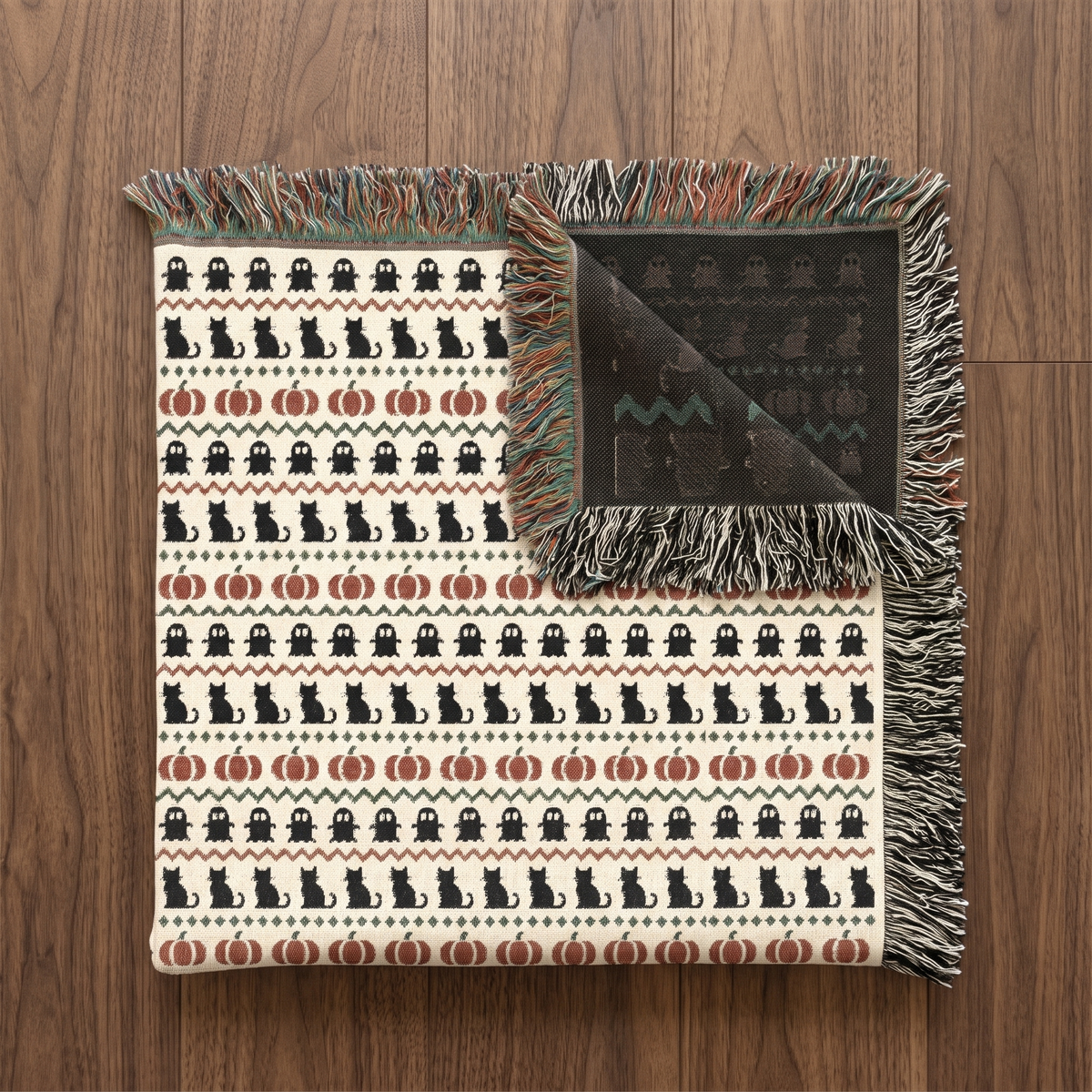Haunted Heirloom woven blanket folded with one corner turned back to show the reverse side of the jacquard weave