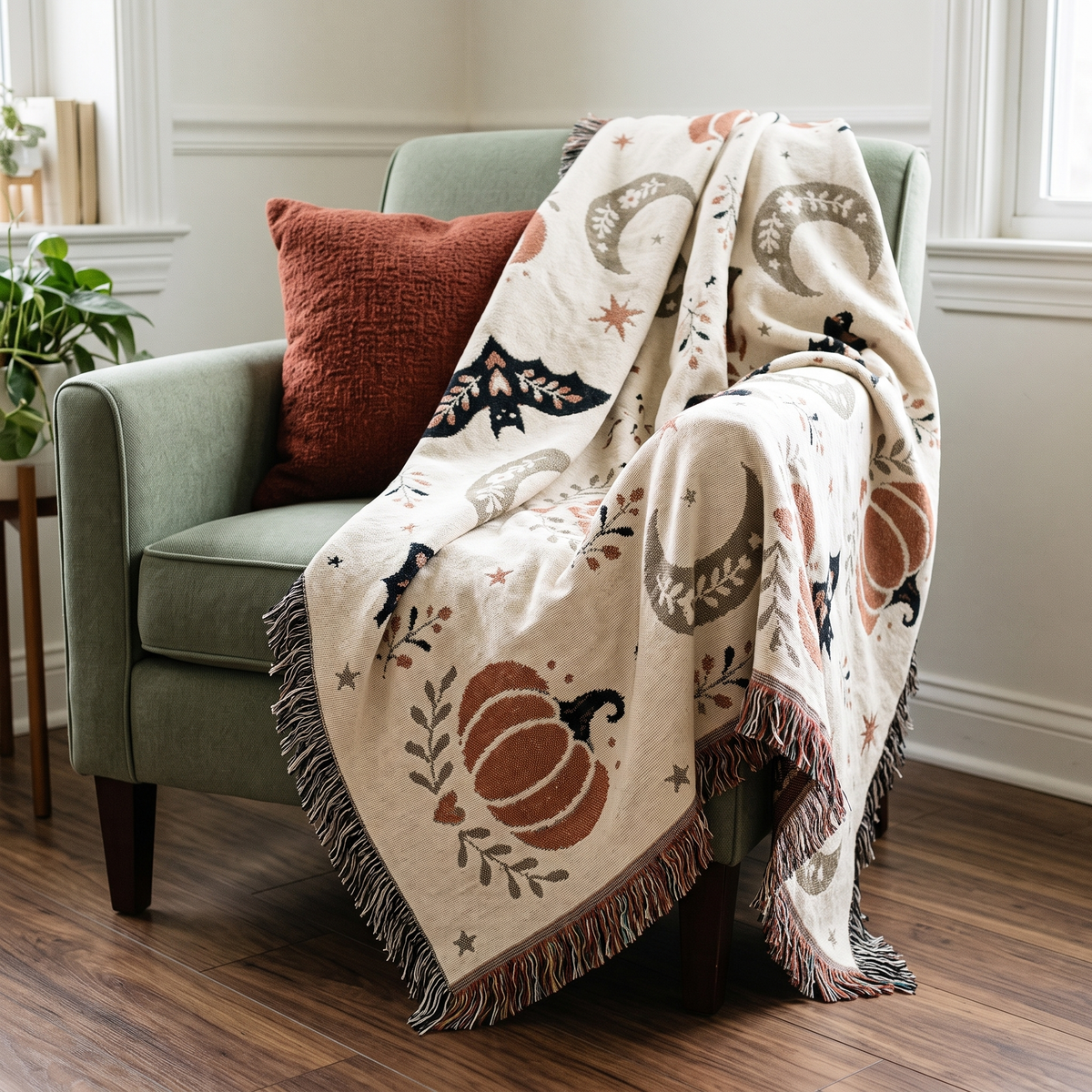 Neutral Halloween woven blanket draped over a sage green armchair with a terracotta cushion, beige autumn decor