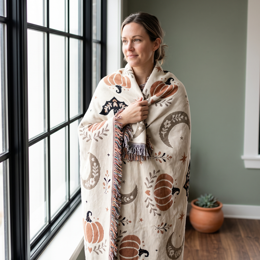 Woman wrapped in the Subtle Spooky neutral Halloween woven blanket by a window, cream cotton with rust pumpkins, sage crescent moons and black folk art bats