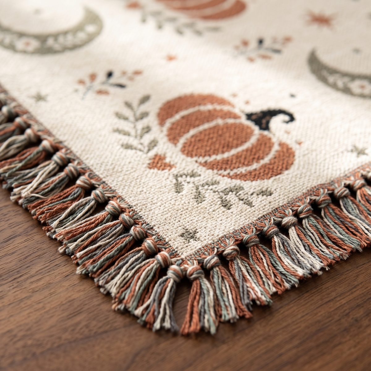 Close up of the woven cotton weave and knotted multicolored fringe on the Subtle Spooky Halloween blanket