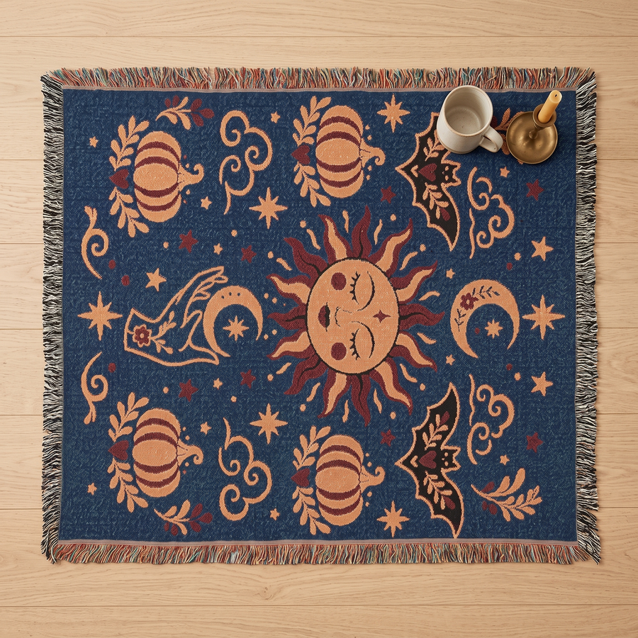 Overhead flatlay of the celestial sun and moon woven blanket on light oak, showing the full navy and apricot design with multicoloured fringe
