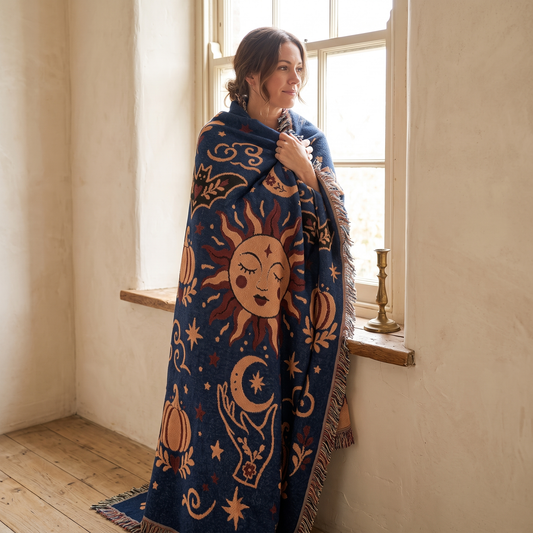 Woman wrapped in the Cosmic Overcommitment whimsigoth woven blanket, midnight navy cotton with an apricot sun face, crescent moons, pumpkins and bats