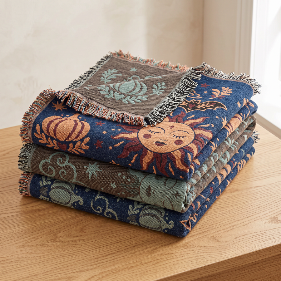 Celestial woven blanket folded with one corner turned back to show the muted reverse side of the jacquard weave