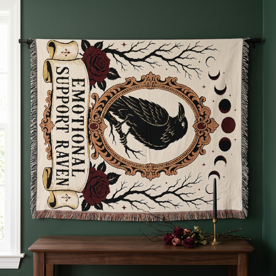 Raven woven blanket hung on a forest green wall as a gothic tarot style tapestry