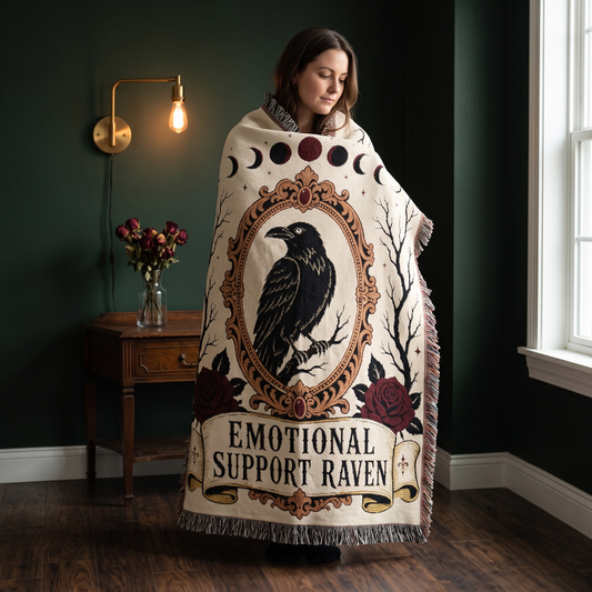 Woman wrapped in the Emotional Support Raven woven blanket, cream cotton with a black raven in an ornate gold frame, oxblood roses and moon phases