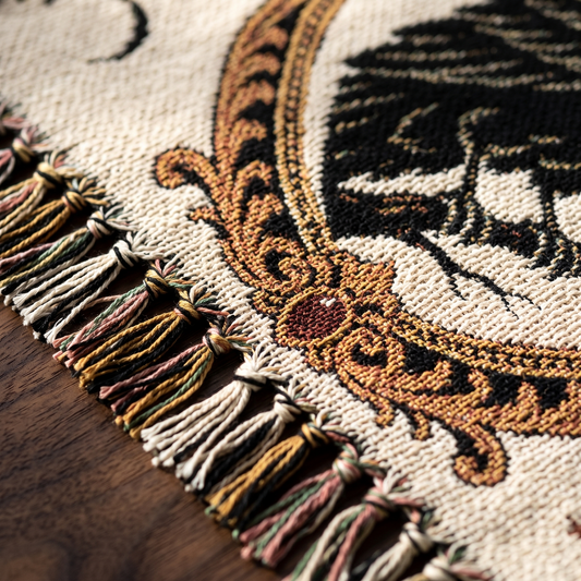 Close up of the woven cotton weave, gold frame detail and knotted fringe on the raven blanket
