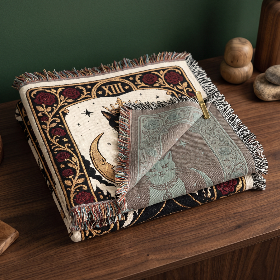 The Overlord woven blanket folded with one corner turned back to show the muted reverse side of the jacquard weave