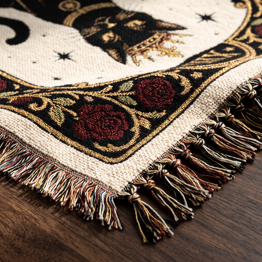 Close up of the woven cotton weave, gold scrollwork border and knotted fringe on the black cat tarot blanket