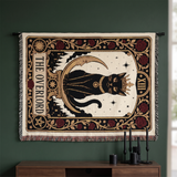 The Overlord black cat tarot blanket hung on a forest green wall as a gothic tapestry, showing the full Card XIII design