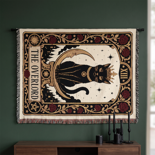 The Overlord black cat tarot blanket hung on a forest green wall as a gothic tapestry, showing the full Card XIII design