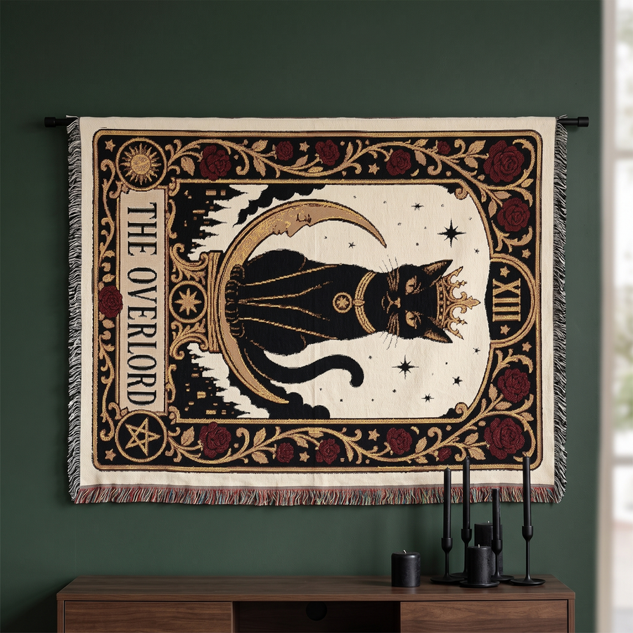 The Overlord black cat tarot blanket hung on a forest green wall as a gothic tapestry, showing the full Card XIII design