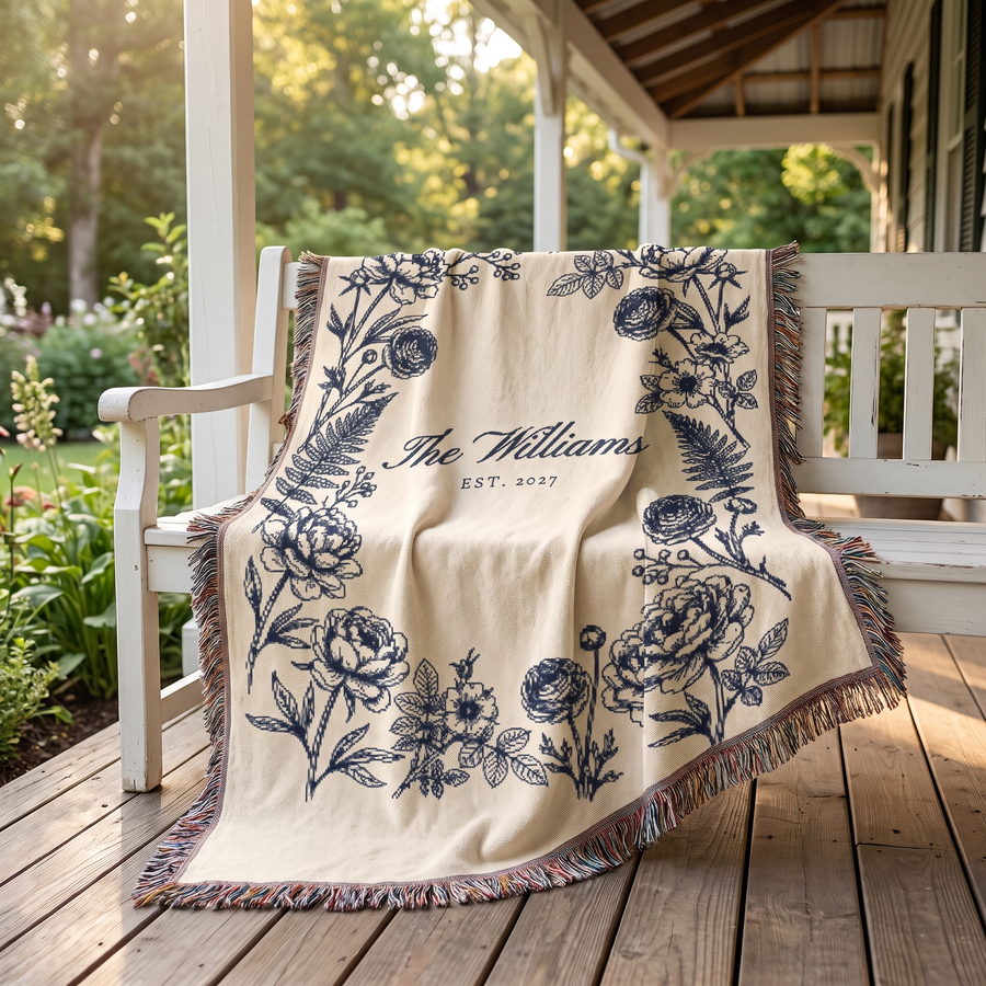 Navy family name woven blanket draped on a porch bench