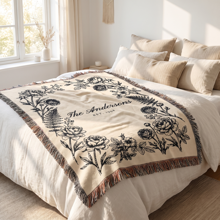 Black family name woven blanket laid across a white linen bed