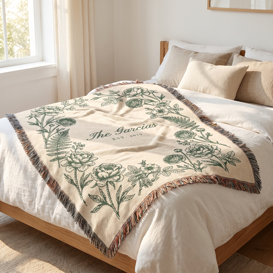 Sage family name woven blanket laid across a white linen bed