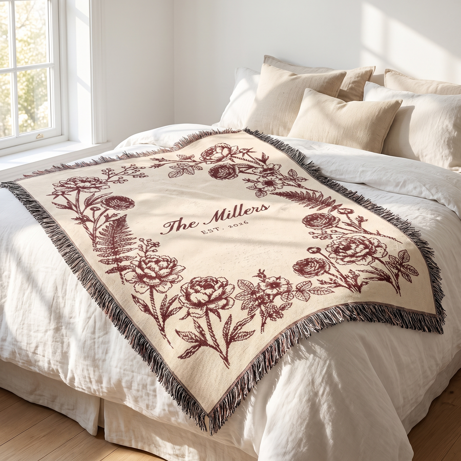 Burgundy family name woven blanket laid across a white linen bed