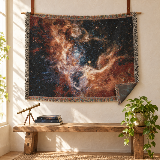 Tarantula Nebula space woven blanket hanging from a wooden dowel above a bench with a telescope, corner flipped to show the muted back