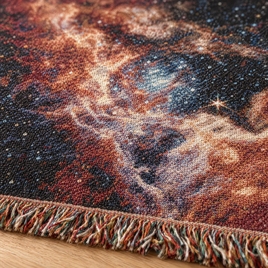 Macro of the cotton jacquard weave forming stars and gas clouds, with multicoloured fringe