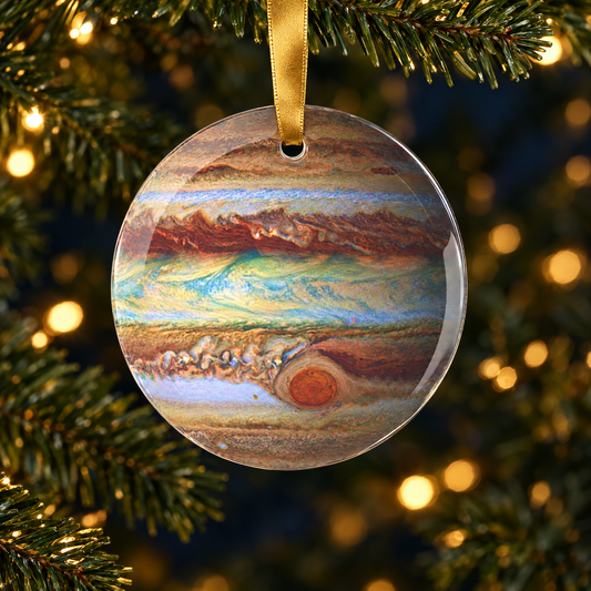 Jupiter glass Christmas ornament hanging on a Christmas tree
