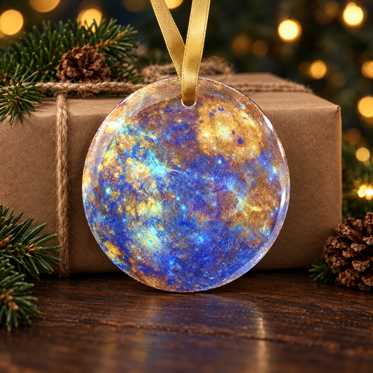 Mercury glass Christmas ornament on a kraft paper wrapped gift box