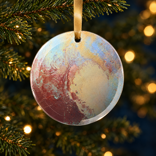 Pluto glass Christmas ornament hanging on a Christmas tree