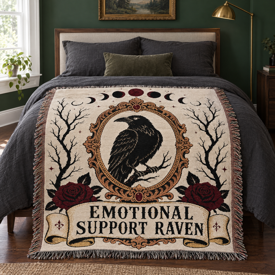 Emotional Support Raven woven blanket laid across the foot of a bed with charcoal linen in a forest green gothic bedroom