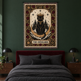 The Overlord black cat tarot woven tapestry hanging above a bed with an oxblood velvet headboard in a forest green bedroom