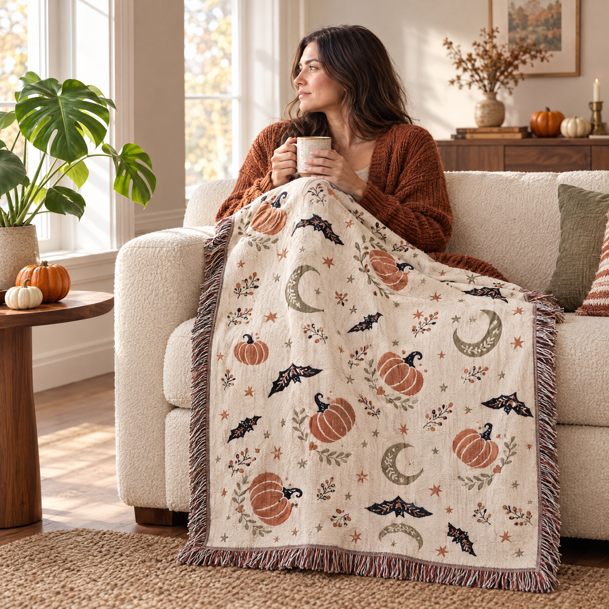 Subtle Spooky Neutral Halloween Woven Blanket over a cream sofa while a woman holds a mug by the window